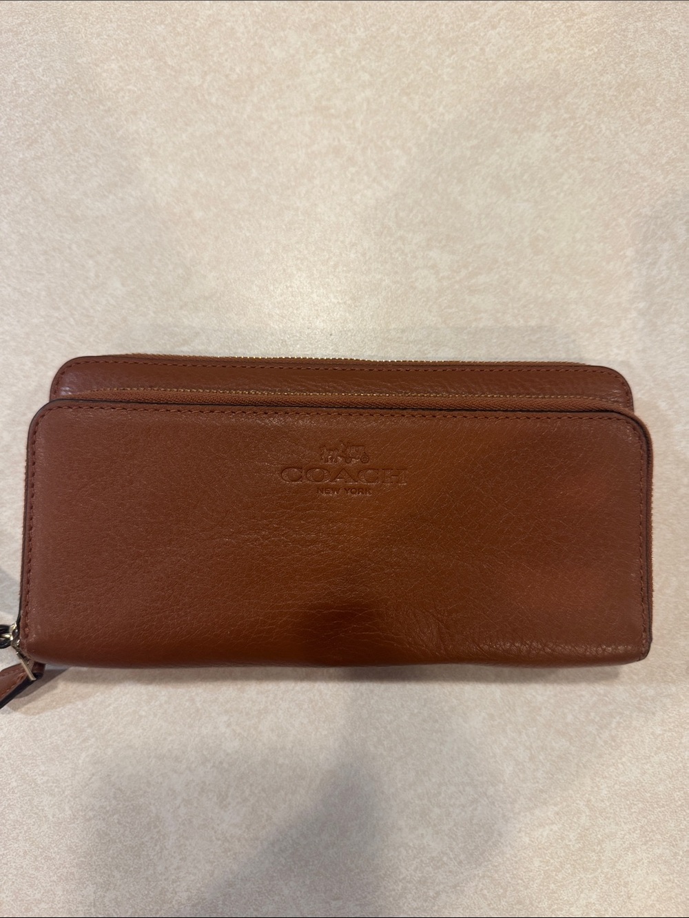 Coach Chestnut Brown Leather Zip Wallet with Embossed Logo